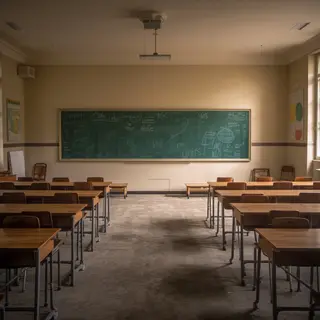 A classroom with desks and a chalkboard but no students