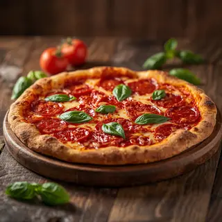 A pepperoni pizza with tomato sauce, basil, and crust but ab