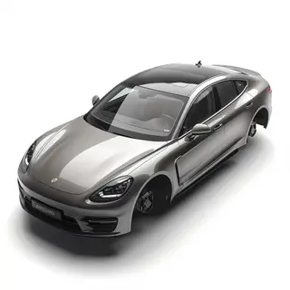 A car body with windows, doors, and headlights but no wheels