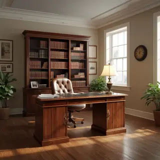 An office workspace with a desk, chair, bookshelf, and lamp 