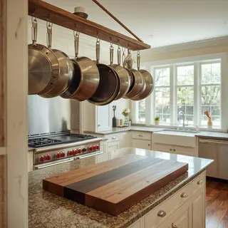A kitchen with pots, pans, a stove, and a cutting board but 