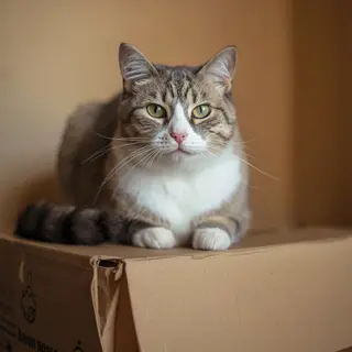 A cat sitting on top of a cardboard box