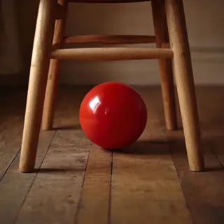 A red ball underneath a wooden chair