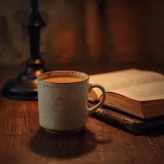 A coffee mug next to an open book on a desk