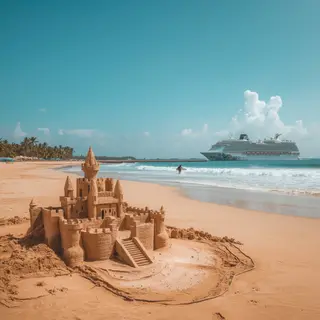 A beach scene with a sandcastle in the foreground, a surfer 