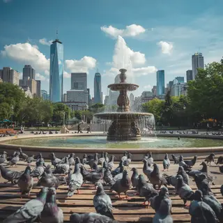 A city park with a park bench and pigeons in the foreground,