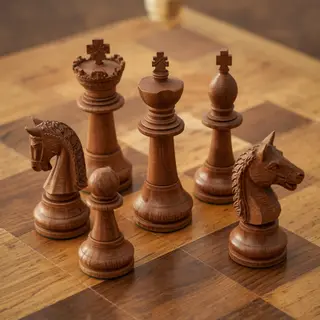 Five chess pieces on a board: a king in the center, a queen 