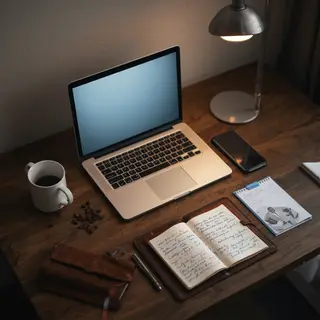 A desk scene: laptop in the center, coffee mug to the left, 
