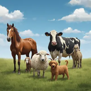 Five animals in a field: a horse on the far left, a cow to t