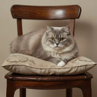A cat sitting on a pillow, the pillow placed on a wooden cha