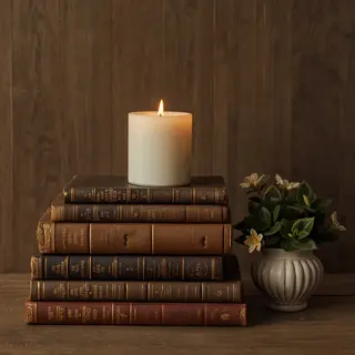 A candle on top of a stack of books, the books next to a pot
