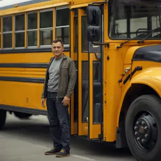 A person standing next to a yellow school bus, showing reali