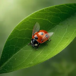 A ladybug sitting on a large green leaf, shown at realistic 