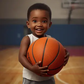 A child holding a basketball, both at correct relative sizes
