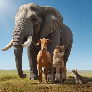A group photo of an elephant, a horse, a dog, a cat, and a m