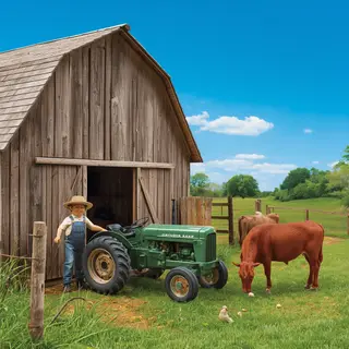 A farm scene with a barn, tractor, farmer, cow, chicken, and
