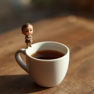 A tiny person standing on the rim of a coffee cup, looking d