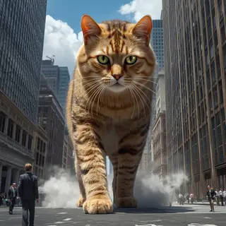 A giant tabby cat walking between city skyscrapers like a ka