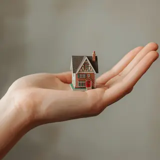 A miniature house sitting on the palm of someone's hand