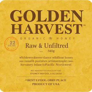 A product label for 'GOLDEN HARVEST ORGANIC HONEY' with subt