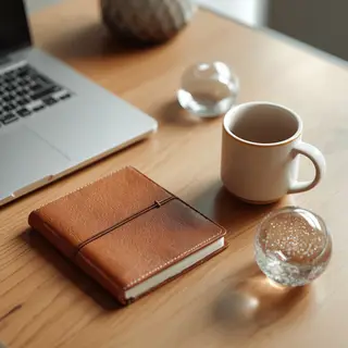A workspace desk with a brushed aluminum laptop, a leather-b