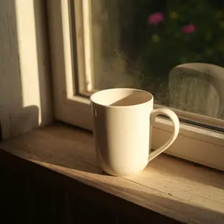 A coffee mug on a sunny windowsill casting a sharp shadow to