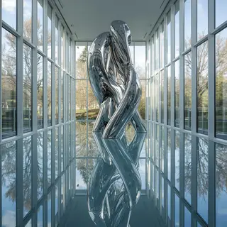 A chrome sculpture in a room with a glass floor and large wi