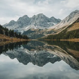 A mountain range reflected in a still alpine lake, with the 