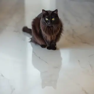 A cat sitting on a polished marble floor with its reflection