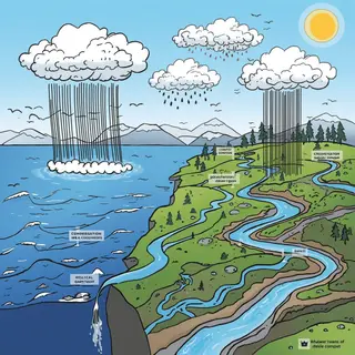 A detailed diagram of the water cycle showing evaporation fr