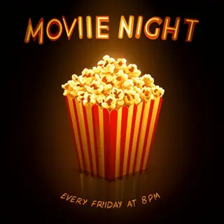 A movie night poster with a large popcorn image in the cente