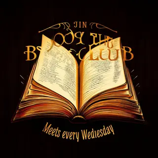 A book club poster with an open book illustration, the title