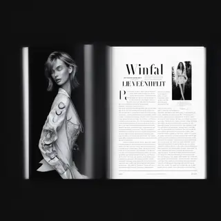 A fashion magazine spread with a full-bleed left-page photo,