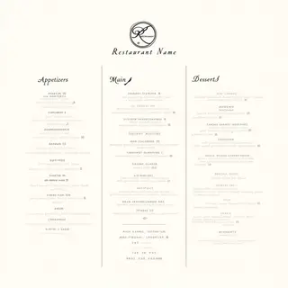 A restaurant menu layout with a logo header, three category 