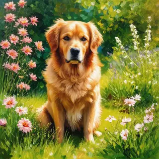 A golden retriever sitting in a garden, painted in the style