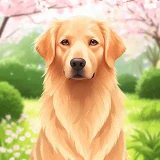 A golden retriever sitting in a garden, rendered in Japanese