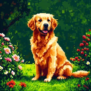 A golden retriever sitting in a garden, rendered in pixel ar