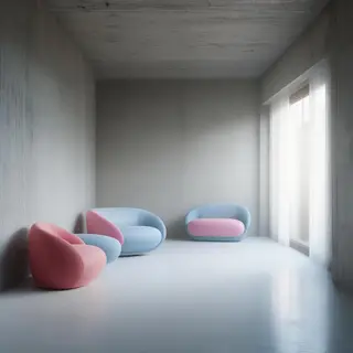 An interior scene rendered in soft brutalism — raw concrete 