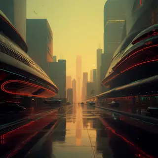 A cityscape rendered in nostalgic futurism — retro-futuristi
