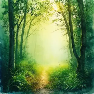 A forest rendered in photorealistic watercolor — the detail 