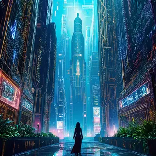 A woman in a futuristic city rendered in cyberpunk Art Nouve