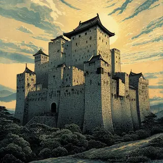 A medieval castle depicted in Japanese ukiyo-e woodblock pri