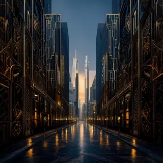 A city street scene in the style of Art Deco — geometric sha