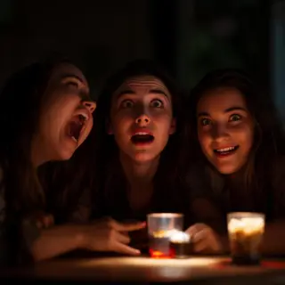 A group of three friends at a table: one laughing with head 