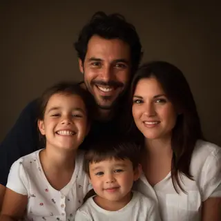 A family photo with four people: a father beaming with pride