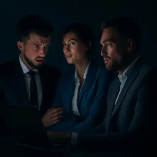 Three coworkers in a meeting: one looking frustrated with fu