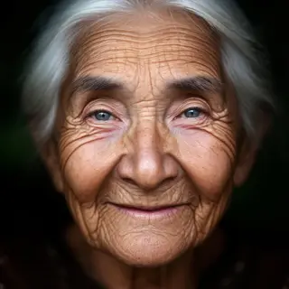 An elderly woman in her 80s with deep wrinkles and white hai