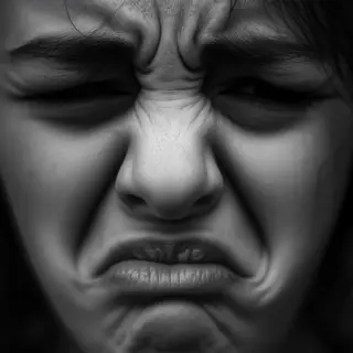 A close-up of a person's face showing clear disgust, nose wr