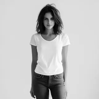 A woman standing upright in a relaxed pose, arms at her side