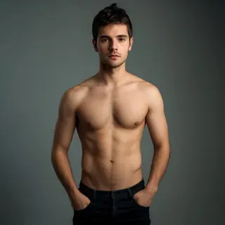A man standing straight facing the camera, hands in pockets,